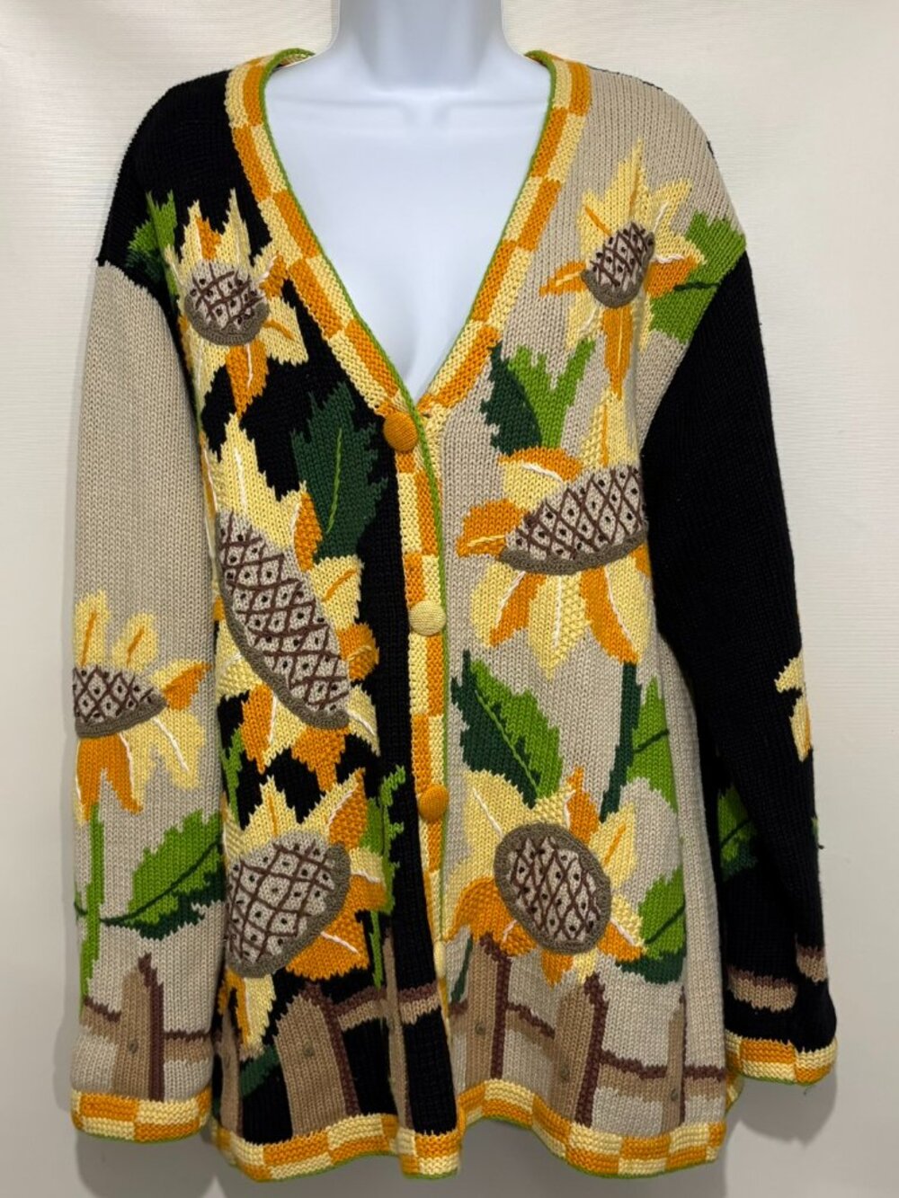 Storybook Knits 1X Cardigan Sweater Sunflowers and Wooden Fence Vintage